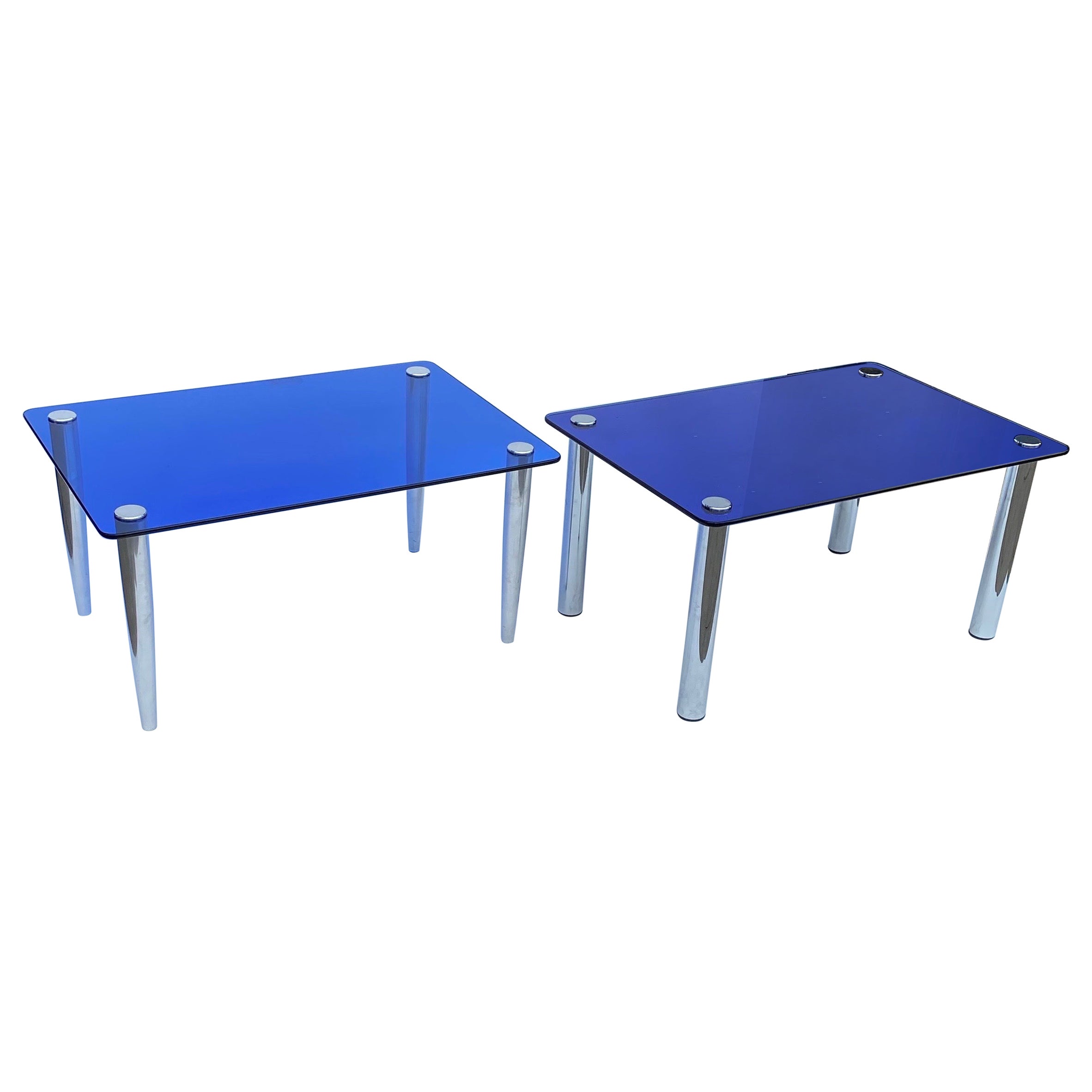 2 x 1950 Fontana Arte Specchio Blu Vetro Tavolino Rettangolare Cromo Italiano