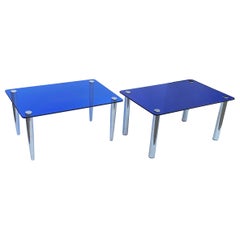 2 x 1950s Fontana Arte Blue Mirror Glass Rectangular Coffee Table Chrome Italian