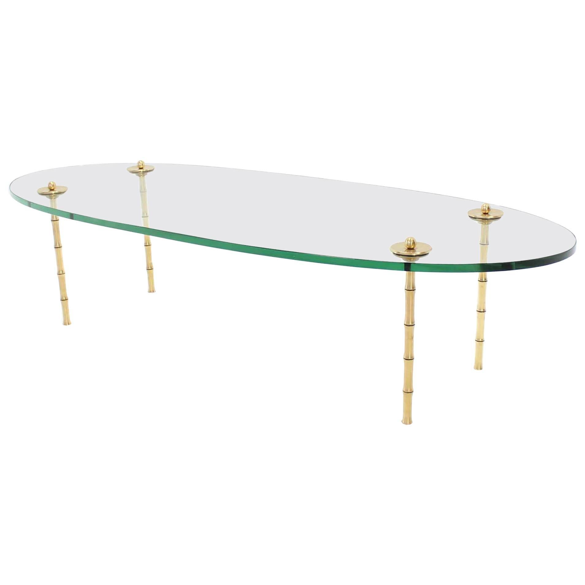 Turned Brass Faux Bamboo Legs Thick Glass Top Oval Coffee Table