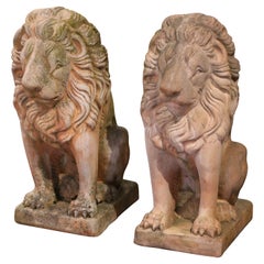 Pair of Mid-Century French Outdoor Weathered Carved Stone Lion Sculptures