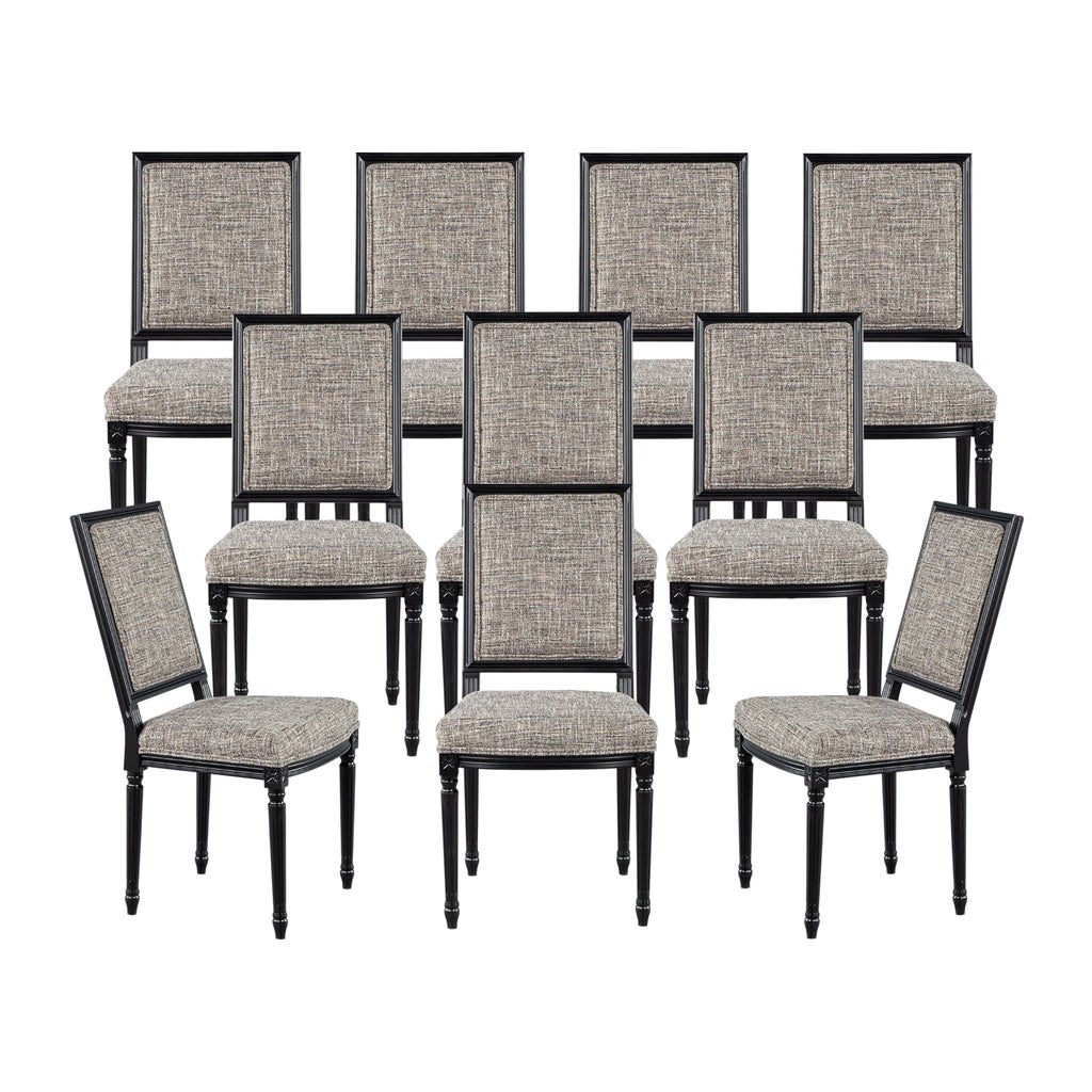 Set of 10 Louis XVI Style Black Dining Chairs by Carrocel in vendita