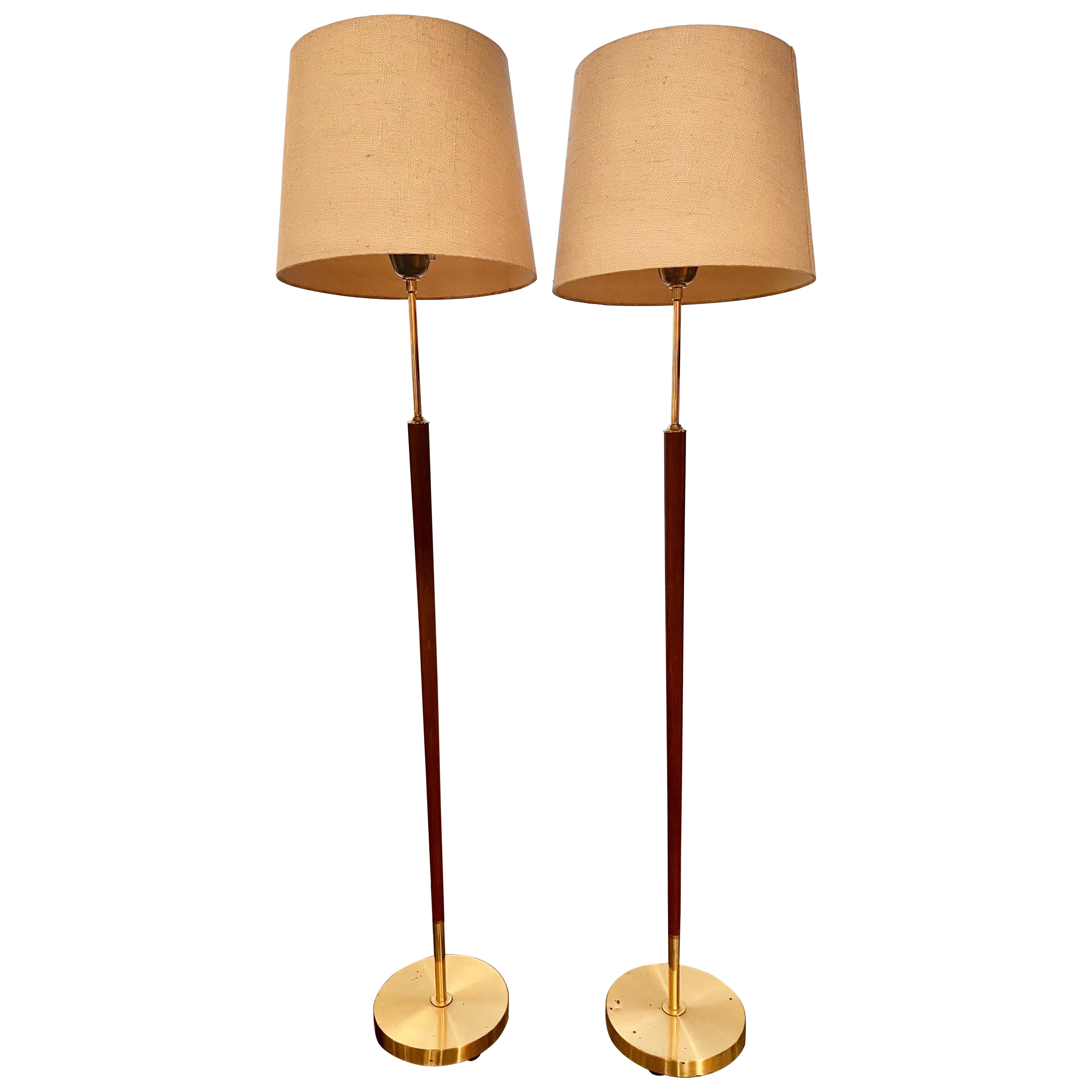 Mid-century Pair of Swedish Teak and Brass Floor Lamps