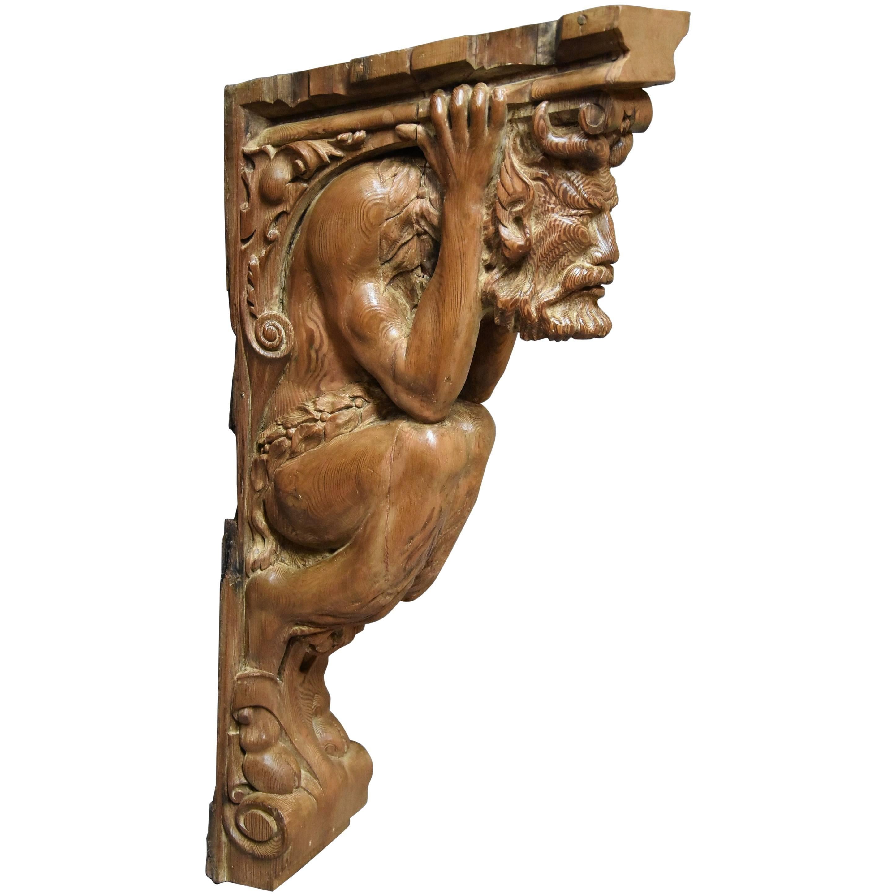 Large Superbly Carved Continental Large Pine Bracket in the Form of a Satyr