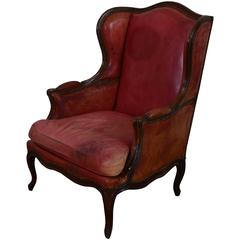 French Louis XV Style Walnut and Red Leather Upholstered Bergere, 19th Century 5