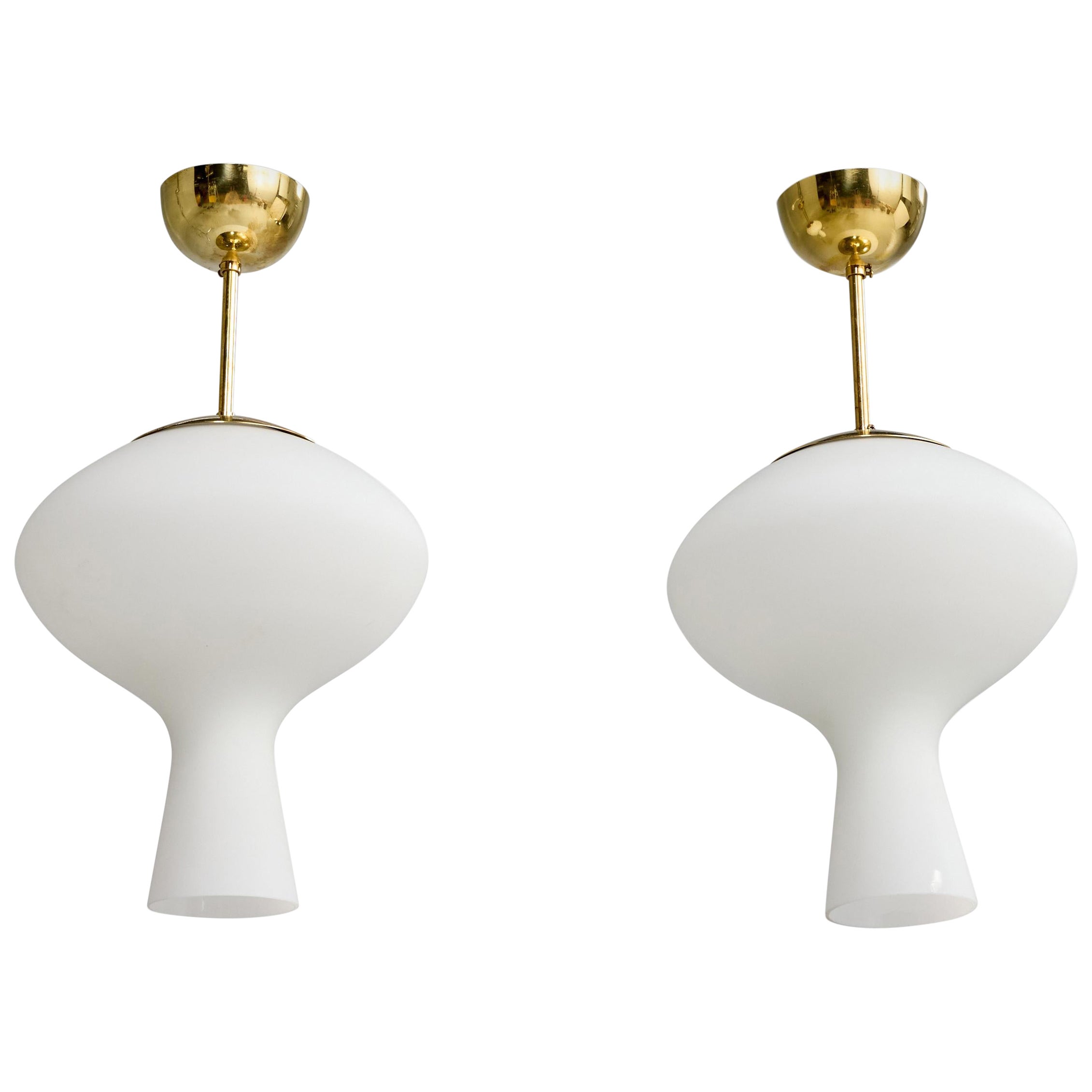 Swedish Designer, Pendant Lights, Brass, Glass, Sweden, 1950s