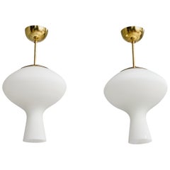 Swedish Designer, Pendant Lights, Brass, Glass, Sweden, 1950s