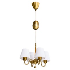 Swedish Designer, Chandelier, Brass, Elm, Fabric, Sweden, 1940s