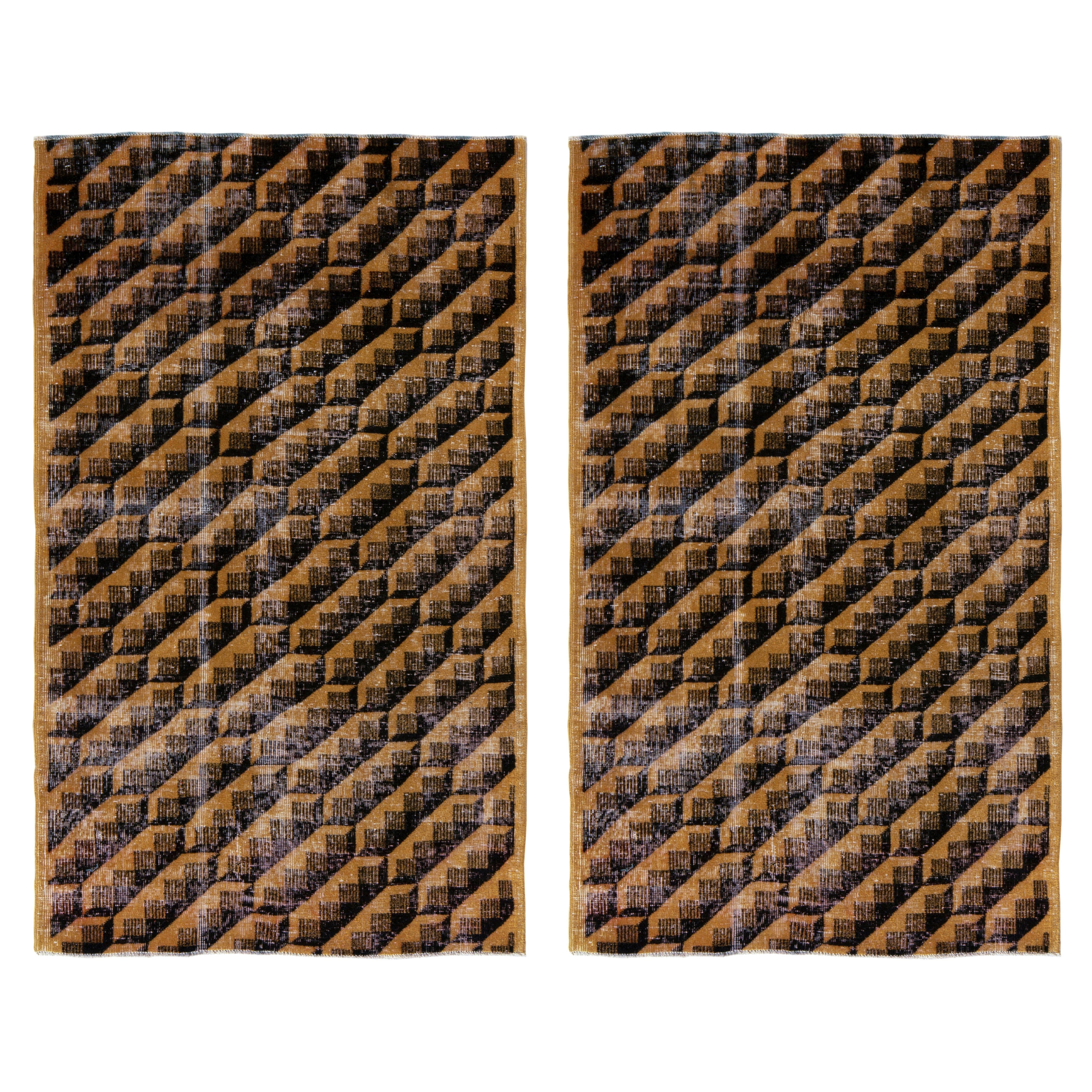 Vintage Zeki Müren Rug Pair in Ochre and Black Geometric Patterns - Rug & Kilim