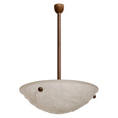 Vintage French Designer, Pendant Light, Glass, Metal, Wood, France, 1930s