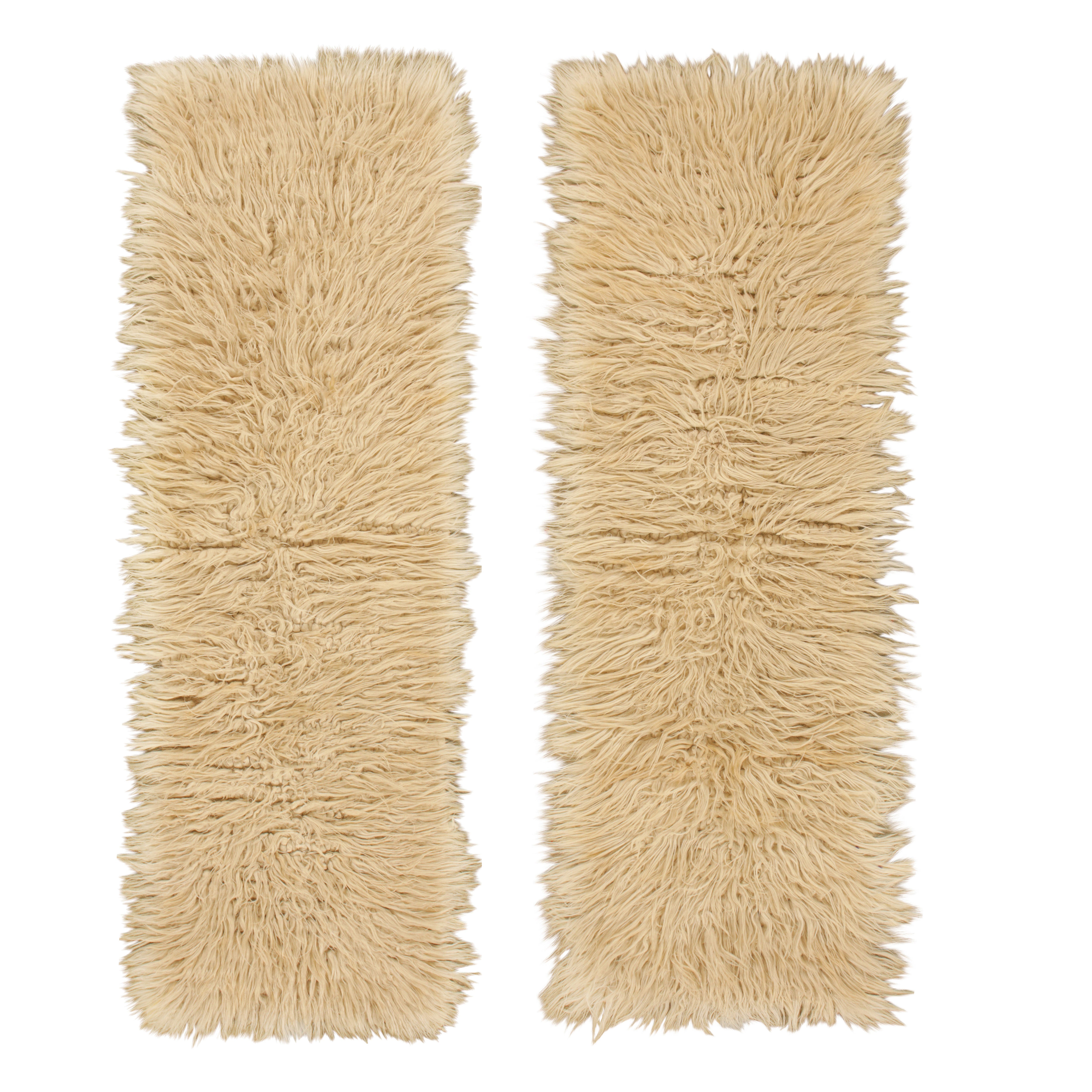 Vintage Tulu Runner Pair, Twin Shag Rugs in Cream High Pile - Rug & Kilim