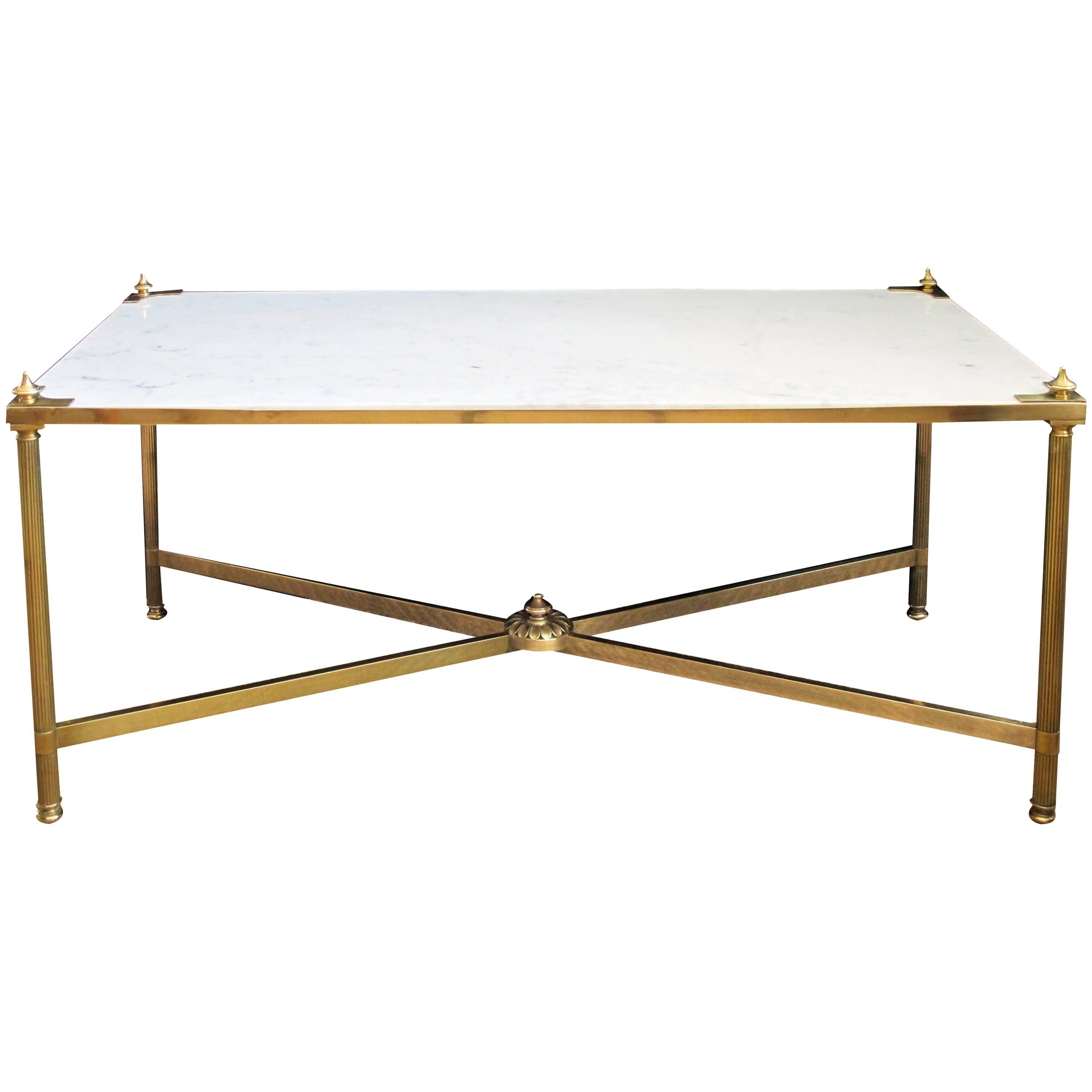 French Maison Jansen Neoclassical Style Brass Coffee Table with Marble Top