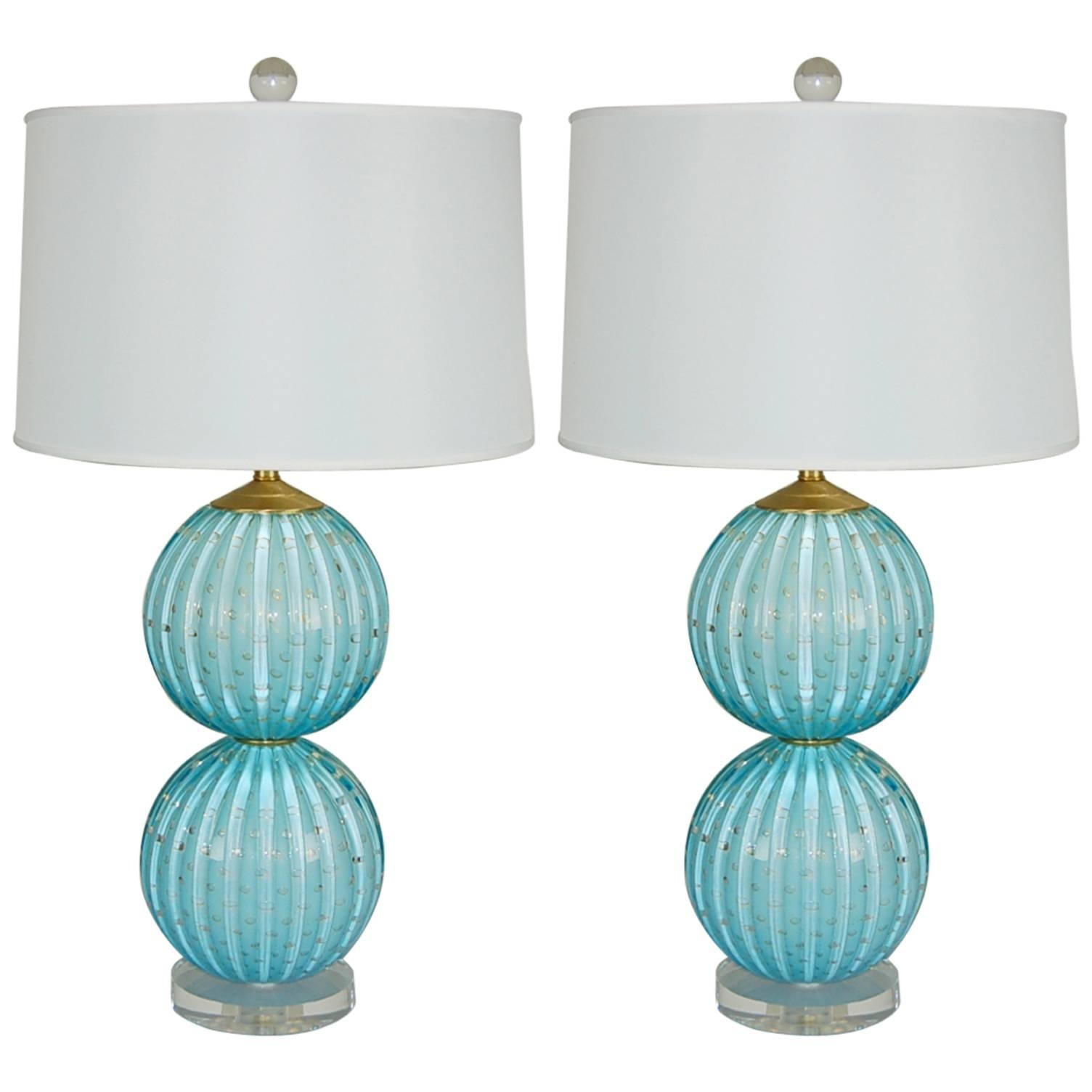 Pair of Stacked Ball Murano Table Lamps in Blue with Gold  For Sale