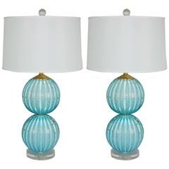 Pair of Stacked Ball Murano Table Lamps in Blue with Gold