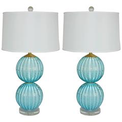 Pair of Stacked Ball Murano Table Lamps in Blue with Gold 