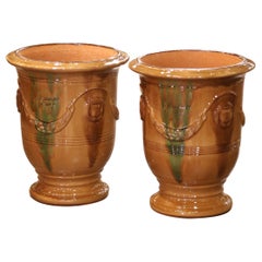 Used Pair of French Handmade Glazed Terracotta Anduze Planters by La Madeleine