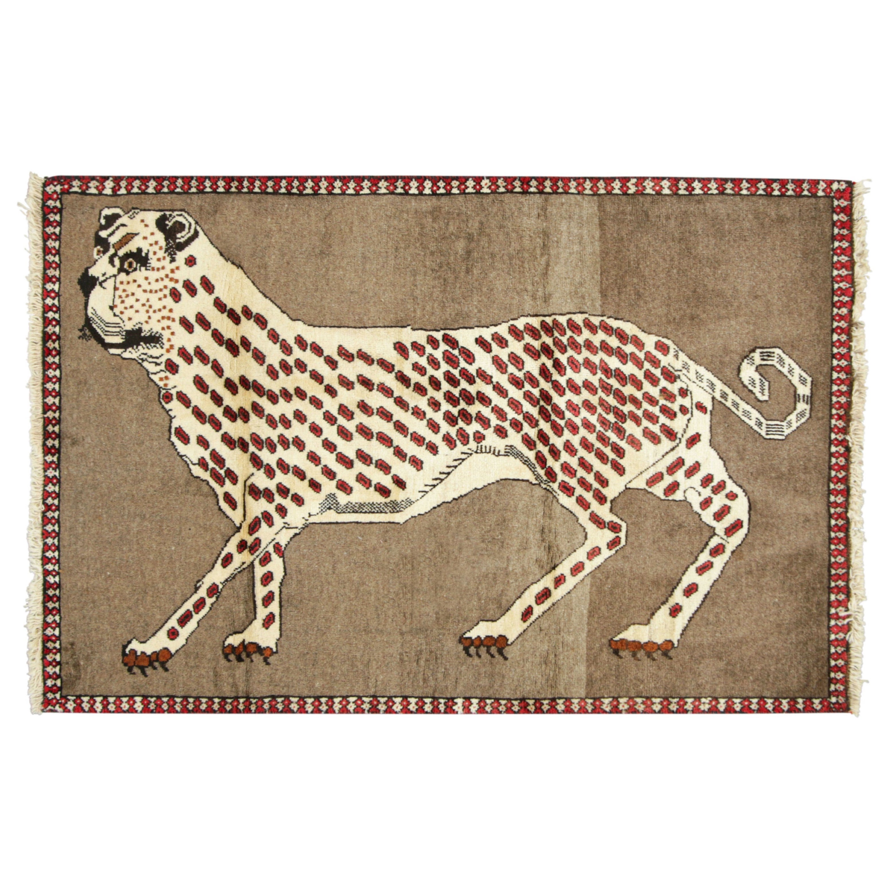 Vintage Gabbeh Persian Rug, Cream and Brown with Leopard Pictorial - Rug & Kilim