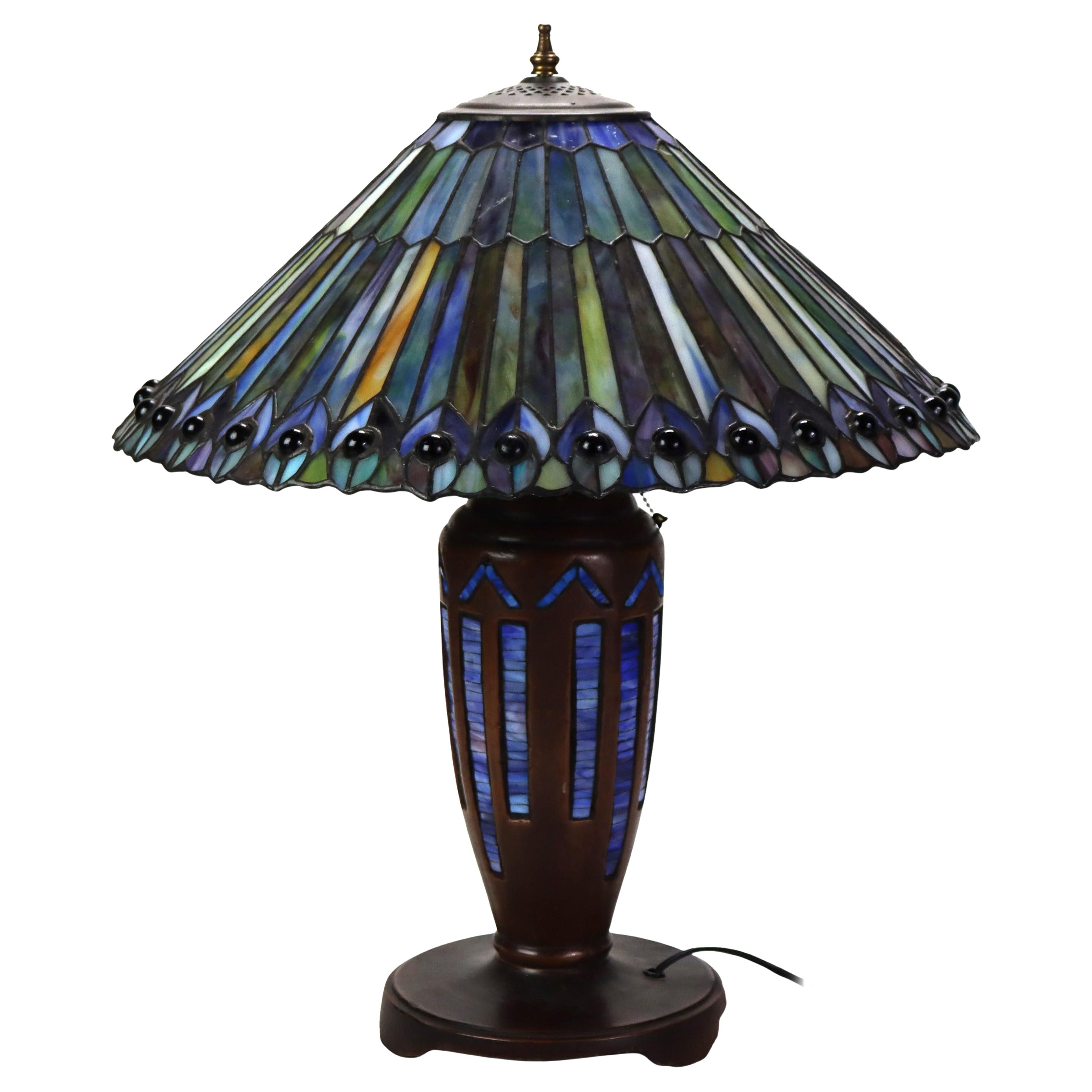 Arts & Crafts Leaded Stained & Jeweled Glass Table Lamp 20thC For Sale
