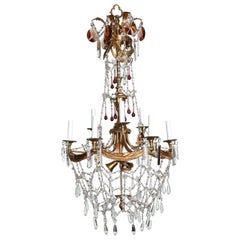 Antique Tall French Nine-Arm Brass and Crystal Chandelier