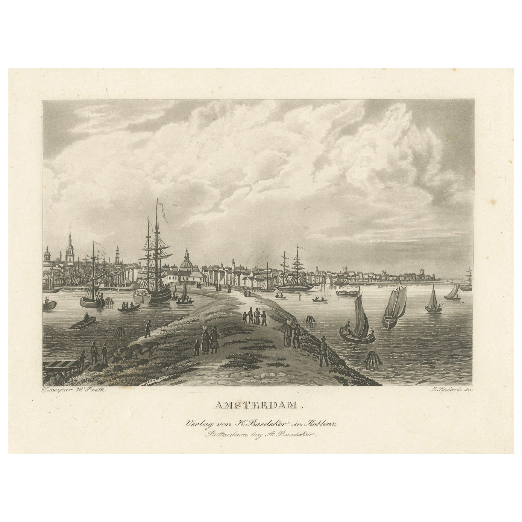 Amsterdam Harbor View: Antique 19th Century Engraving of Maritime Life