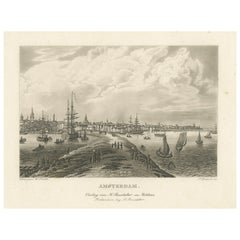 Vista del puerto de Ámsterdam: Grabado antiguo del siglo XIX sobre la vida marítima