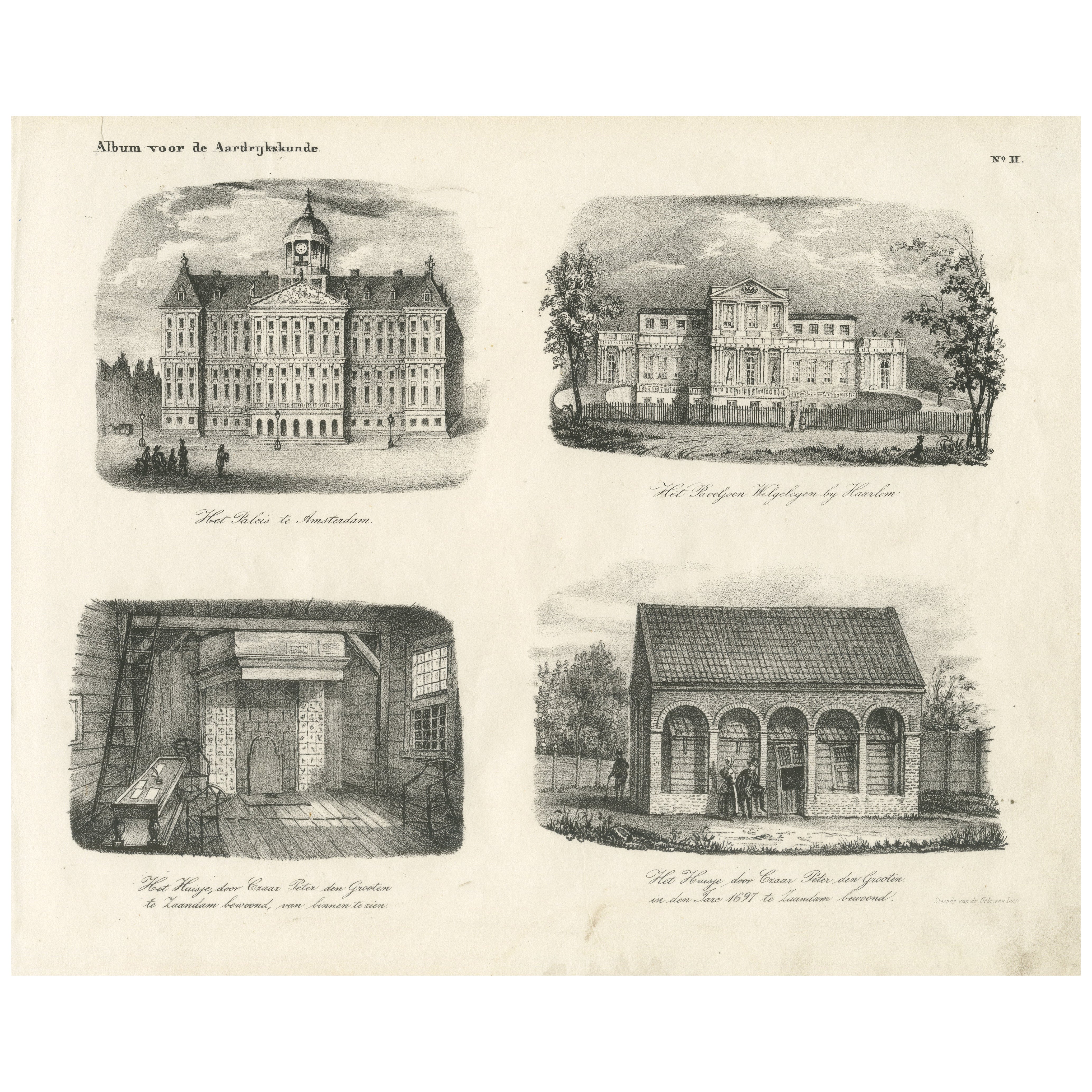 Amsterdam Royal Palace and Tsar Peter the Great’s House, 19th Century Engraving