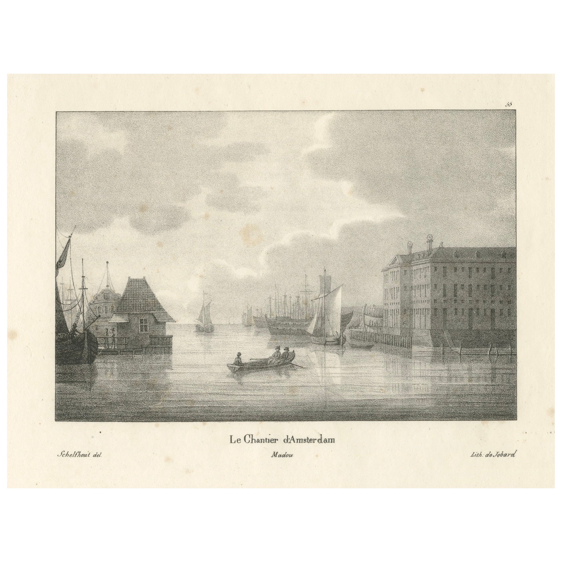 Amsterdam Maritime Shipyard View by Schelfhout, 19th Century Lithograph