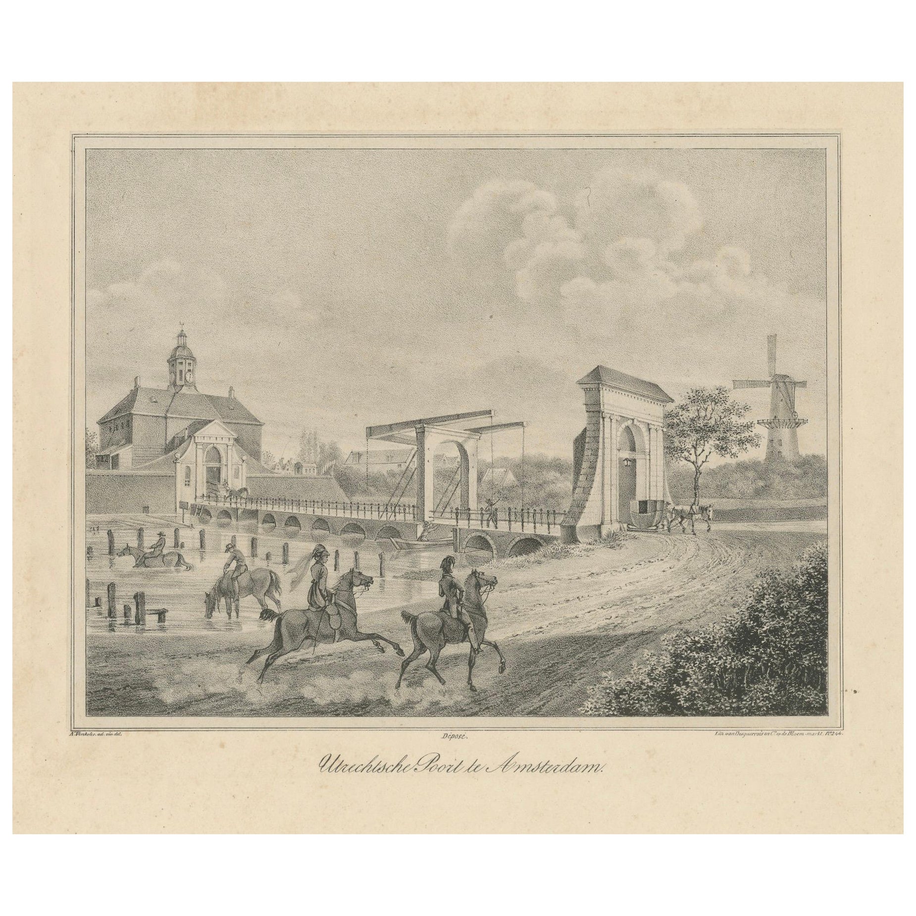 Stampa di Amsterdam con scena di Utrechtsche Poort e mulino a vento, 1850 circa in vendita