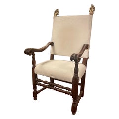 Antique Armchair, high chair in carved walnut wood and white fabric, Italy