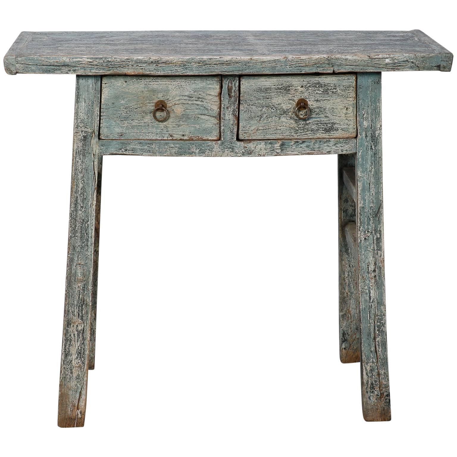 Small Primitive Two-Drawer Chinese Blue Painted Table 