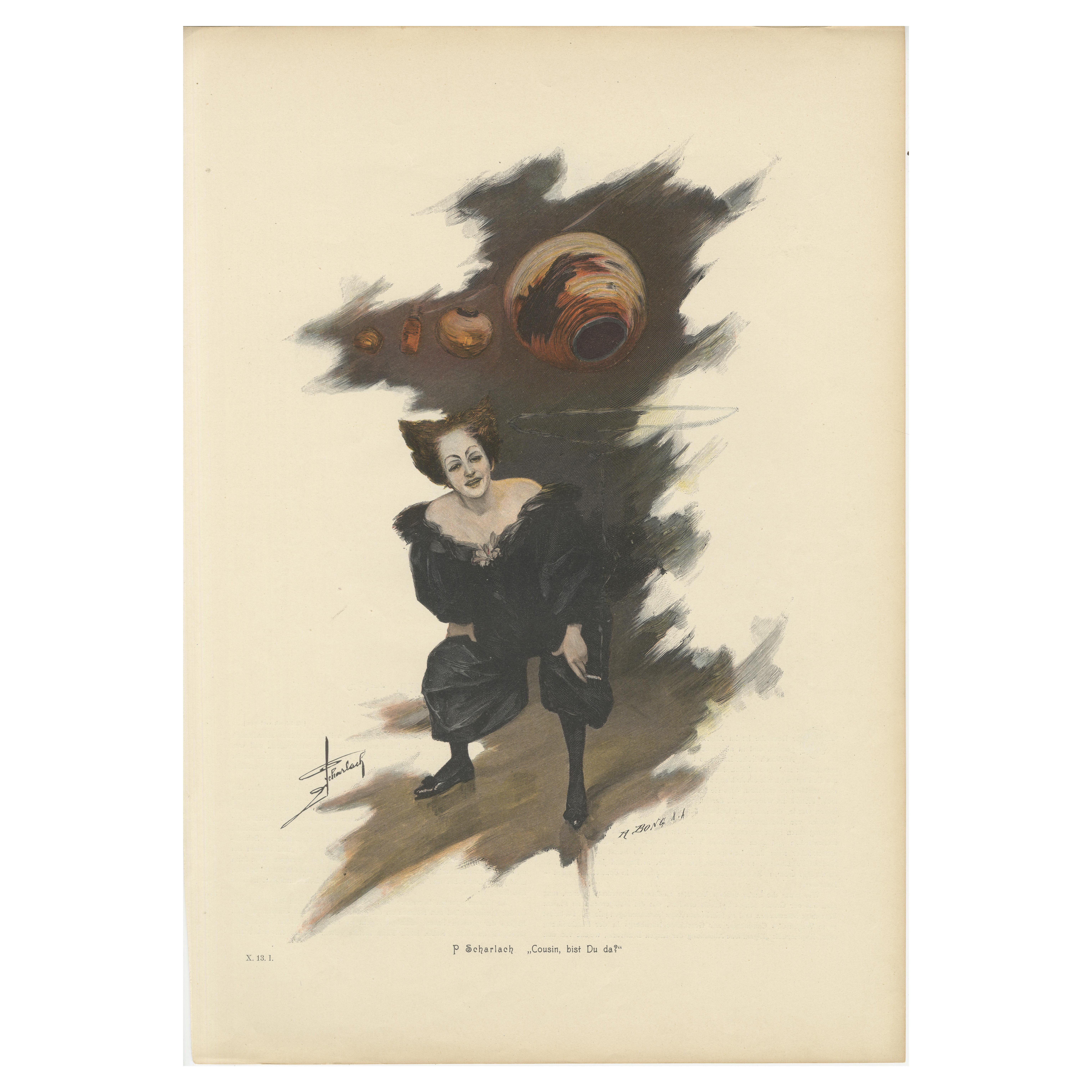 Humorous Portrait of a Woman in Black Dress with Whimsical Pots, c. 1900