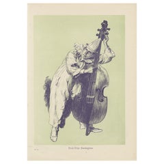 Whimsical Woodcut of Pierrot Tuning a Double Bass – Erich Elze, 1900