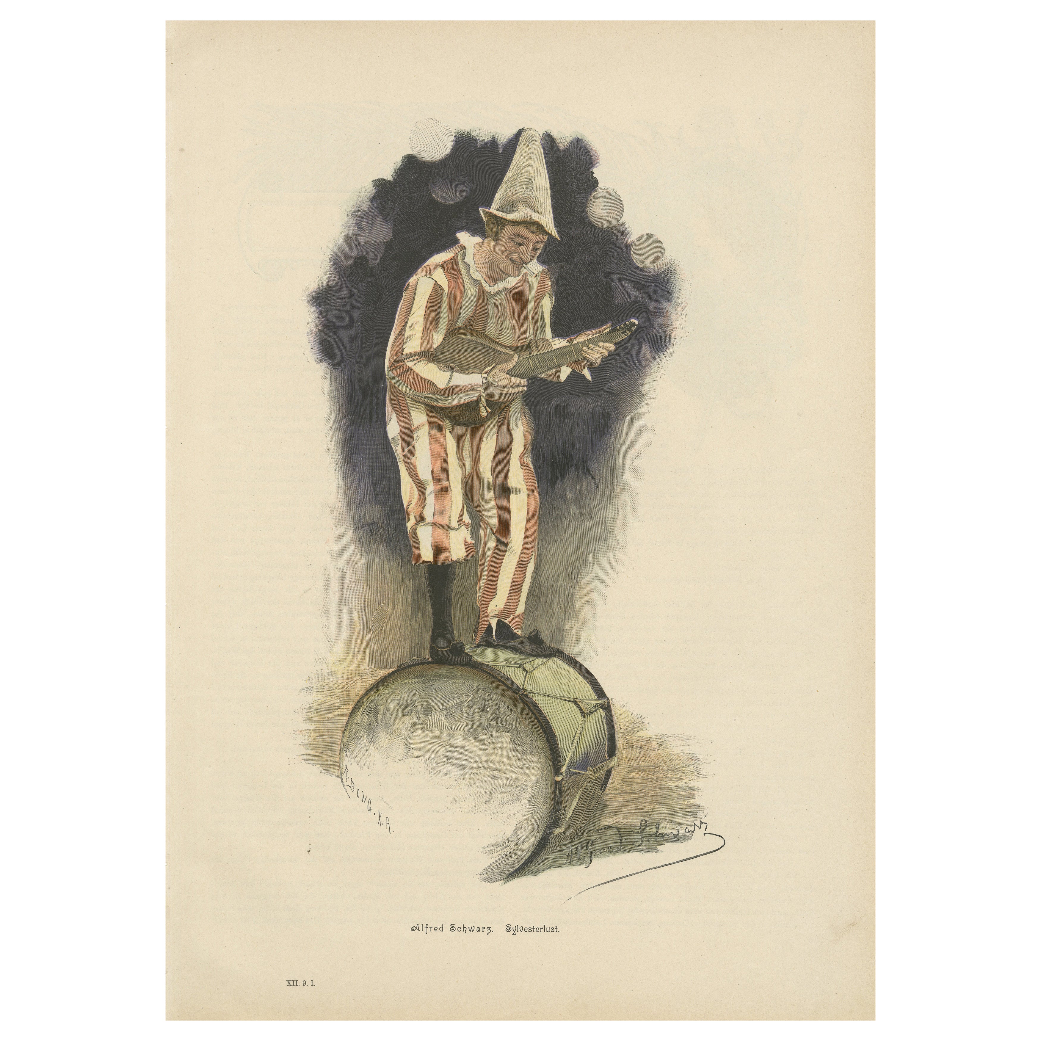 Alegre payaso en equilibrio sobre un tambor - "Sylvesterlust" de Alfred Schwarz, c.1895
