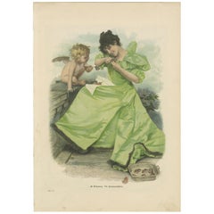 Colorful Lithograph of a Woman and Cherub – Die Herzensschalerin, c. 1895