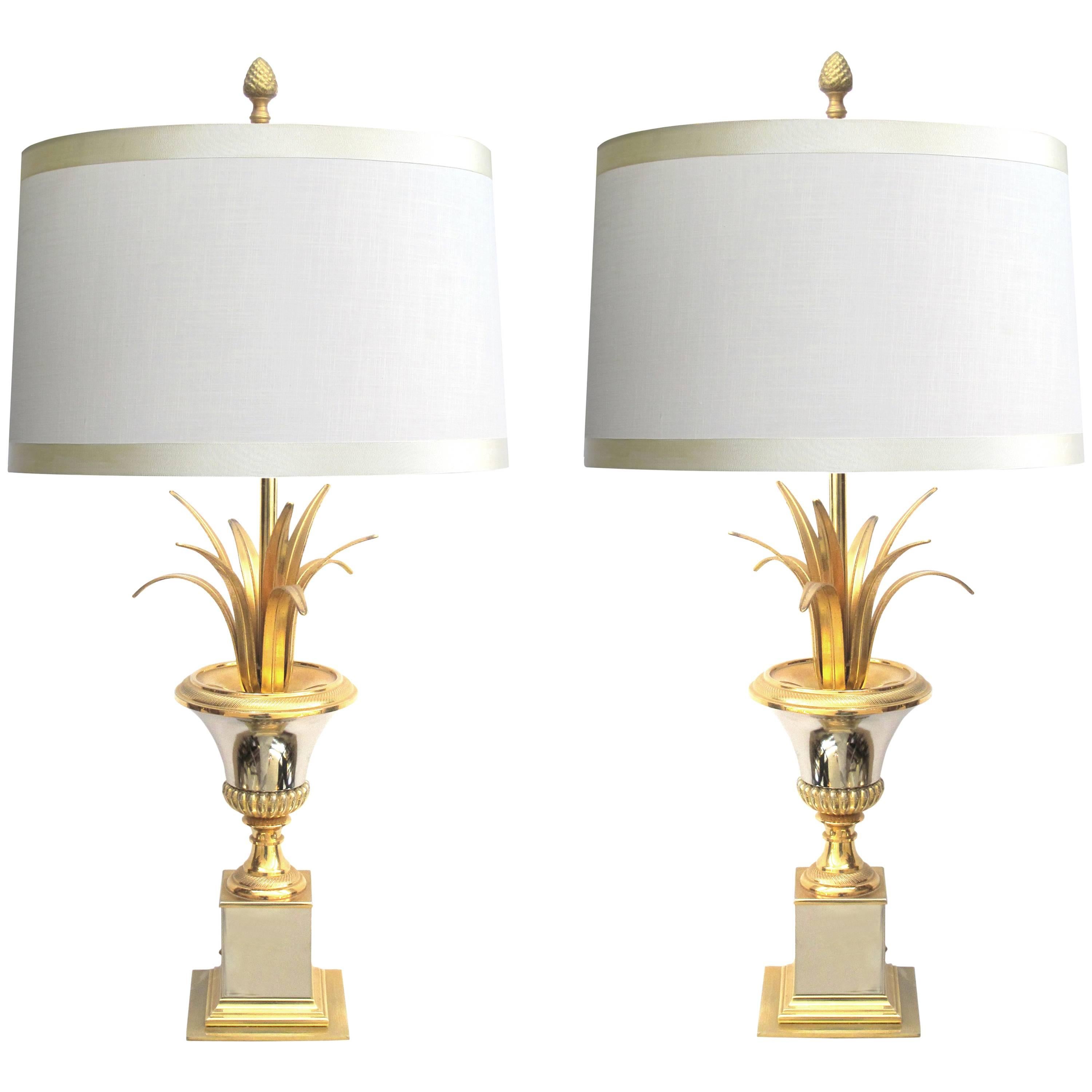 Good Quality Pair of French Maison Charles Style Brass and Steel Urn-Form Lamps