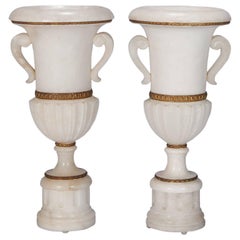 Pair of Tall Urn Form Alabaster and Bronze Lamps