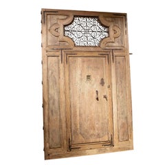 19th Antique Wooden Entrance Door with Wrought Iron Grille and Bronze Knockers