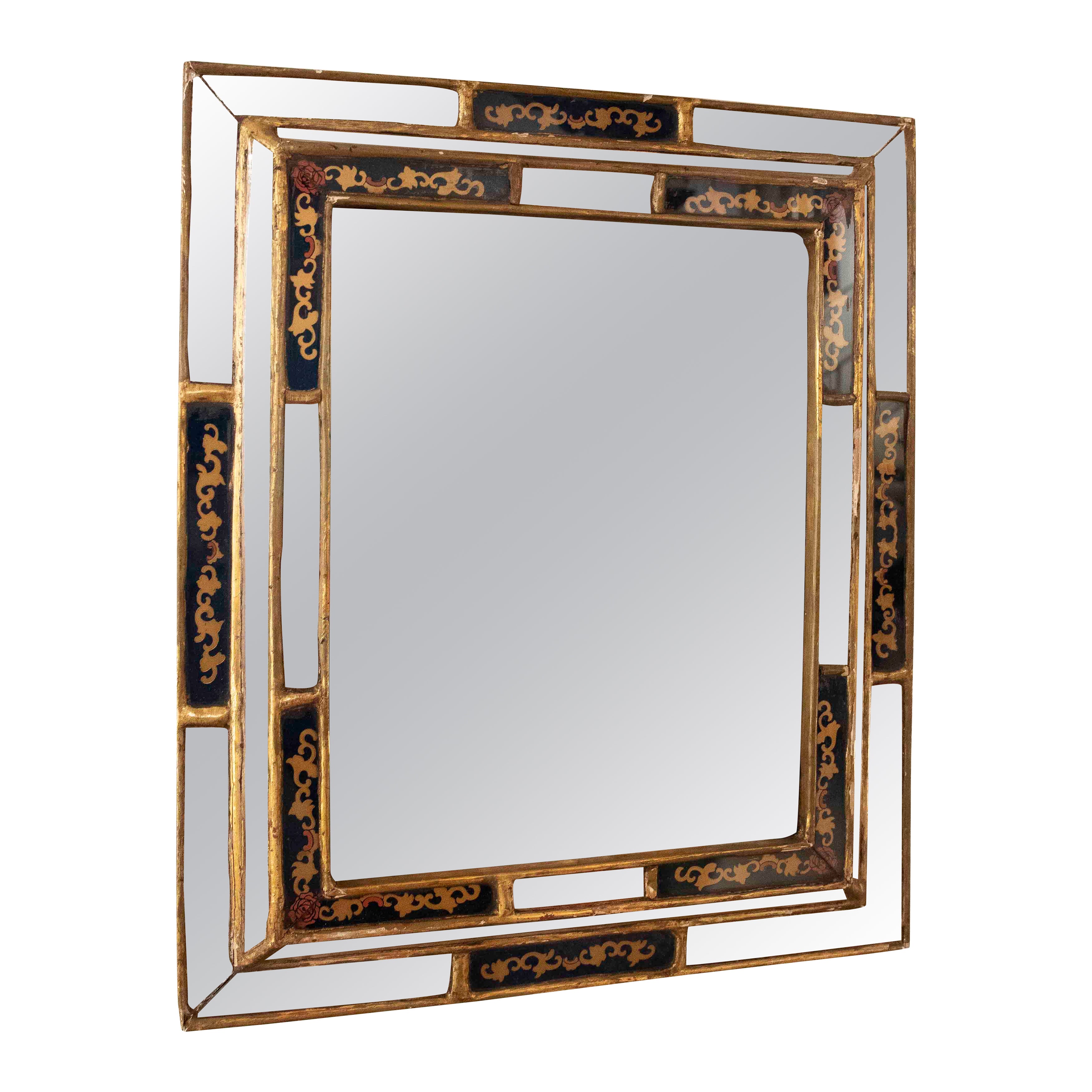 1950s Antique Mirror with Gold Frame and Glass Painted & Gold Leaf For Sale