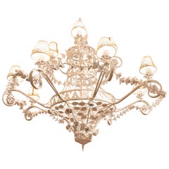1990s Large Crown Style Ceiling Lamp in White Iron with Leaves