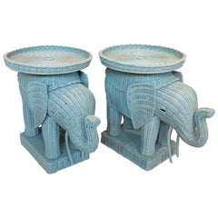 Pair of Side Tables with Elephant Design in Green Wicker