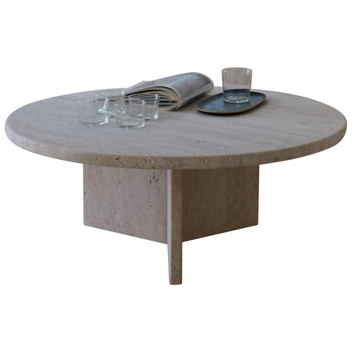 Tavolino basso decorativo con piano rotondo in travertino beige attenuato di Beije Avenue