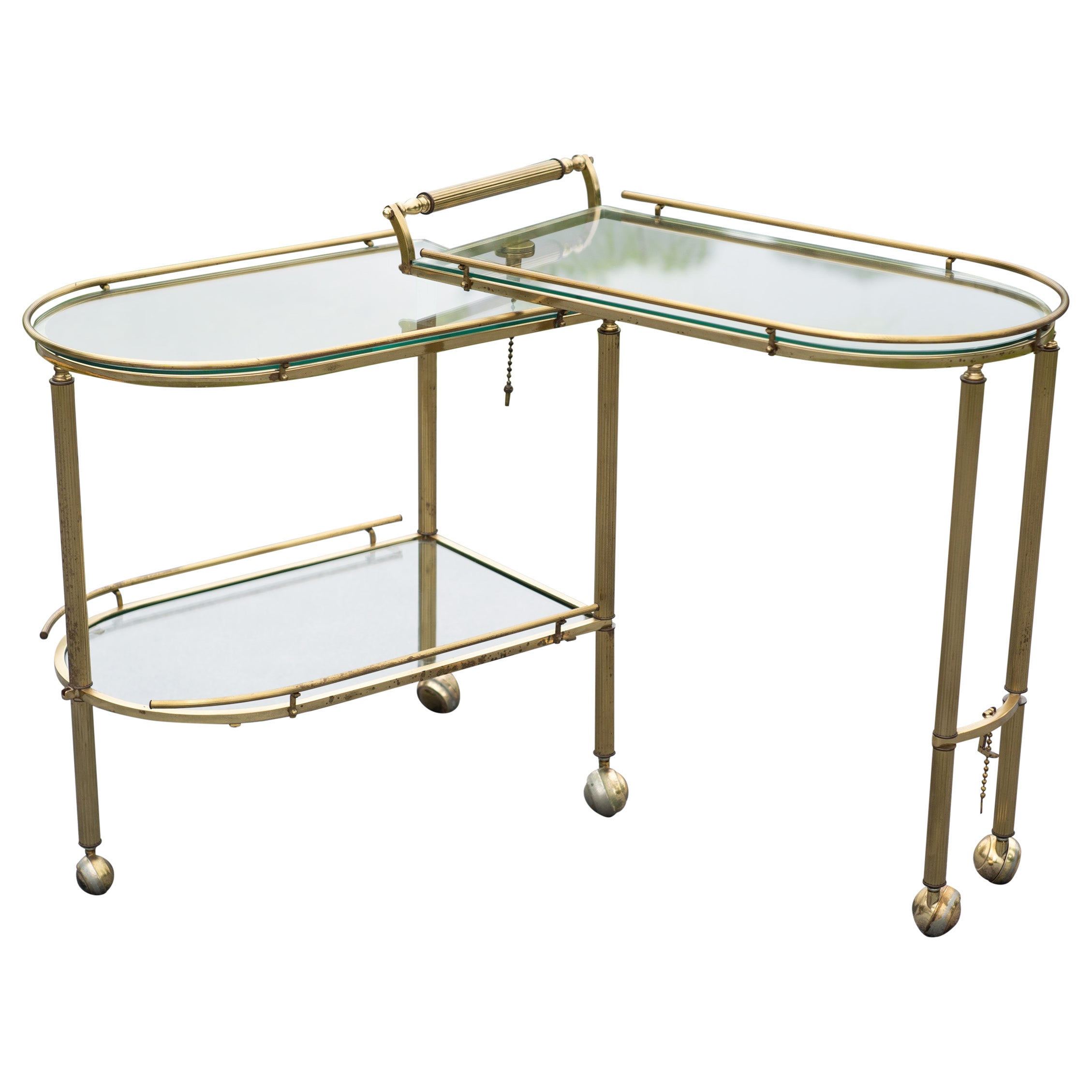 Italian Hollywood Regency Brass and Glass Three Tier Pivoting or Swivel Bar Cart