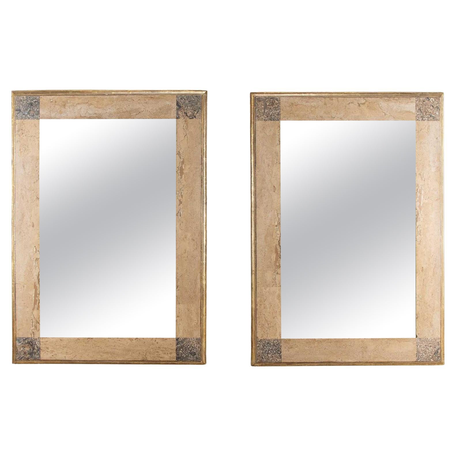 Pair of Mid-Century Siena and Fossil Marble Giltwood Mirrors im Angebot