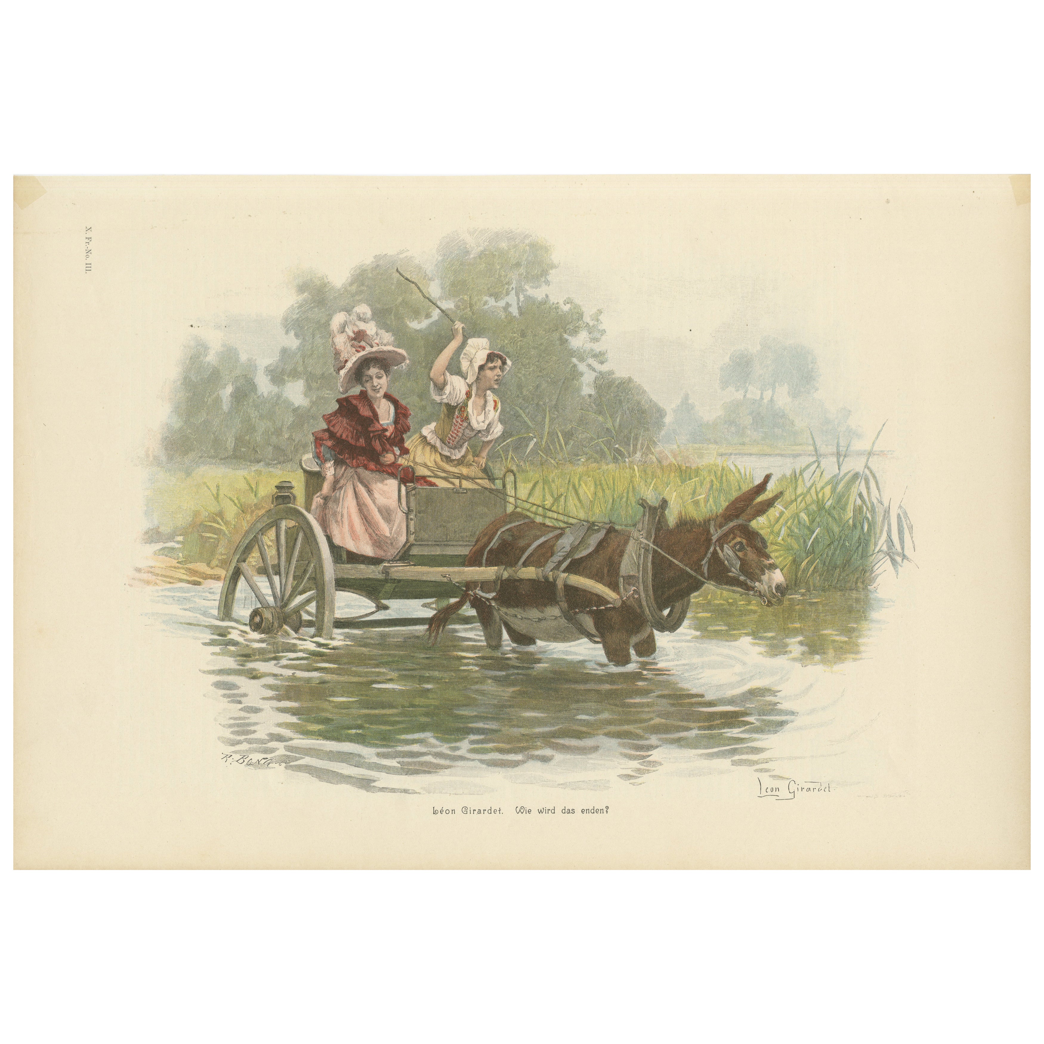 Humorous Lithograph of Two Ladies in Donkey Cart by Léon Girardet, c. 1890