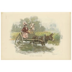 Humorous Lithograph of Two Ladies in Donkey Cart by Léon Girardet, c. 1890