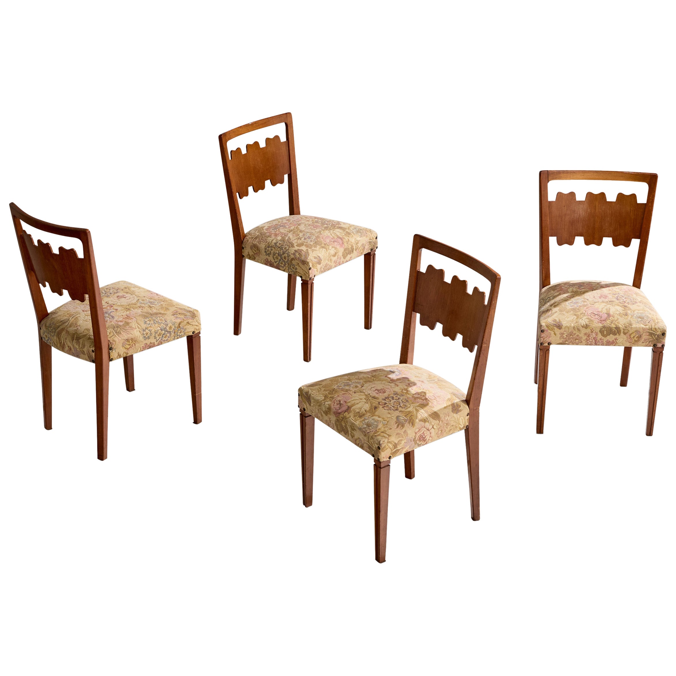 Pier Luigi Colli, Dining Room Chairs, Walnut, Fabric, Italy, 1950s