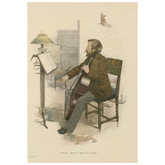 Antique Charming 19th-Century Lithograph – Anton von Werner Playing the Cello, c. 1890