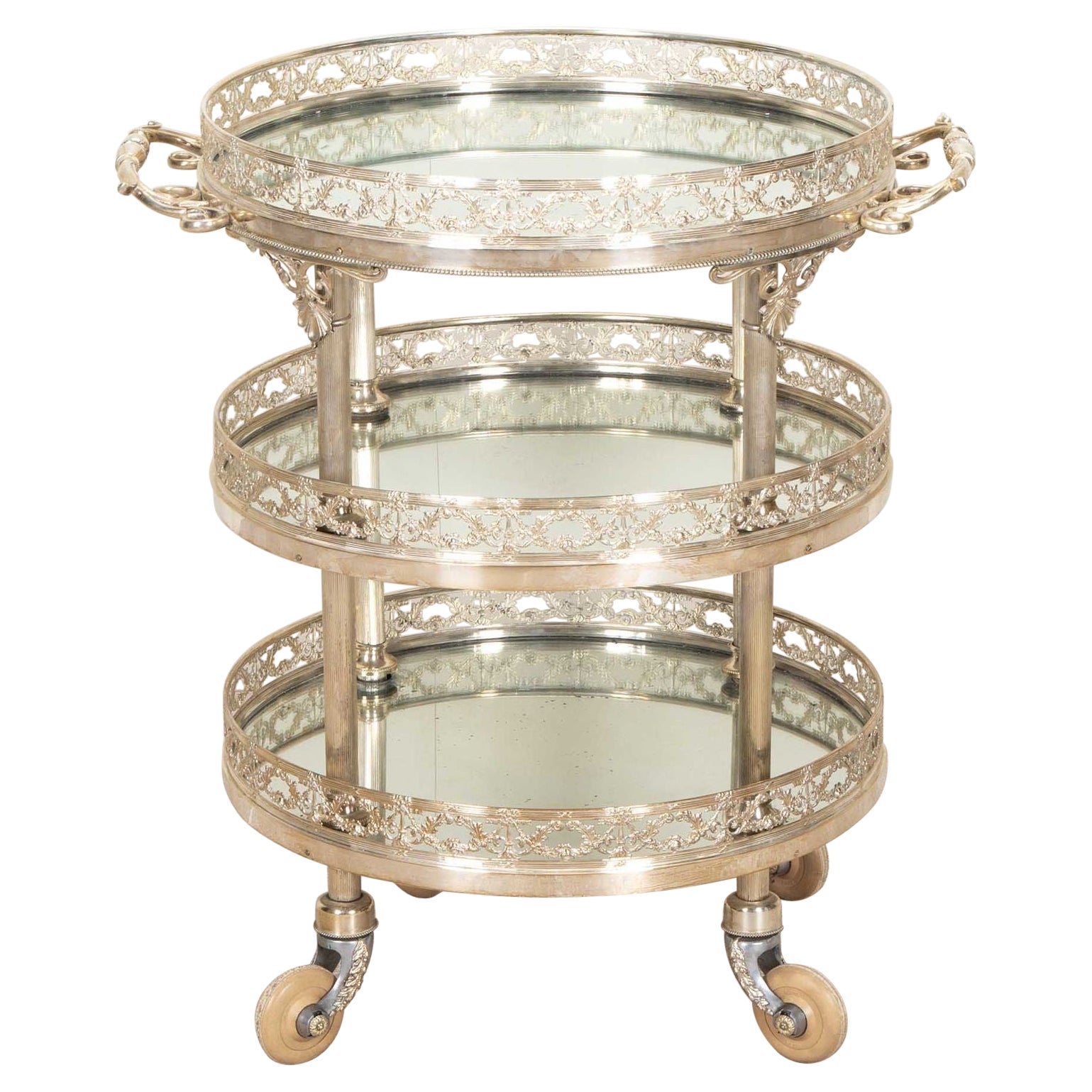 20th Century Three Tier Silver Plate Mirrored Drinks Trolley