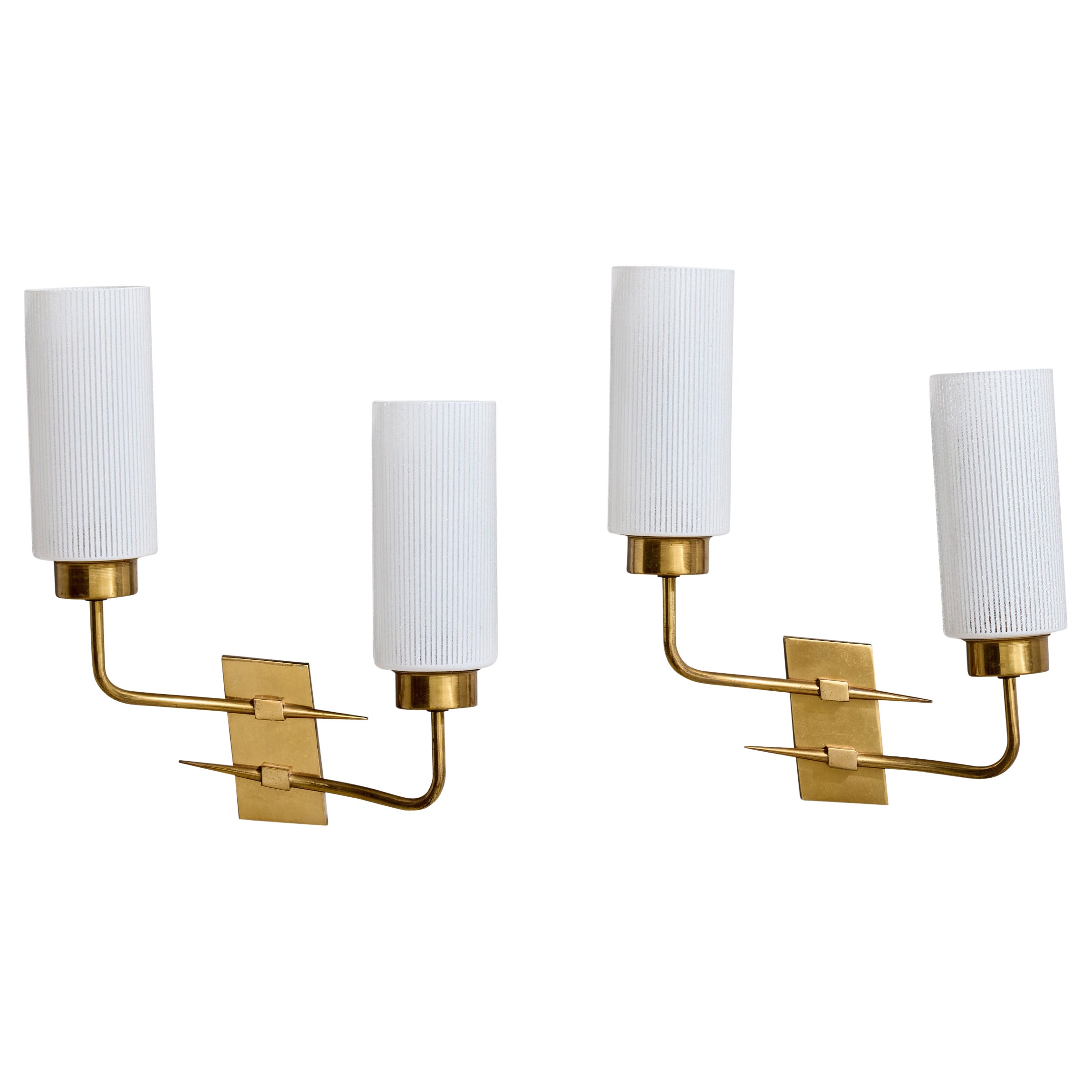 French Designer, Wall Lights, Brass, Glass, France, 1950s