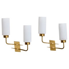 French Designer, Wall Lights, Brass, Glass, France, 1950s