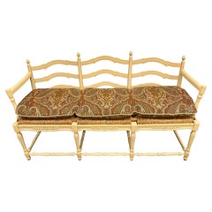 French Country Three Seater Settee Bench with Rush Seating & Crewelwork Cushion